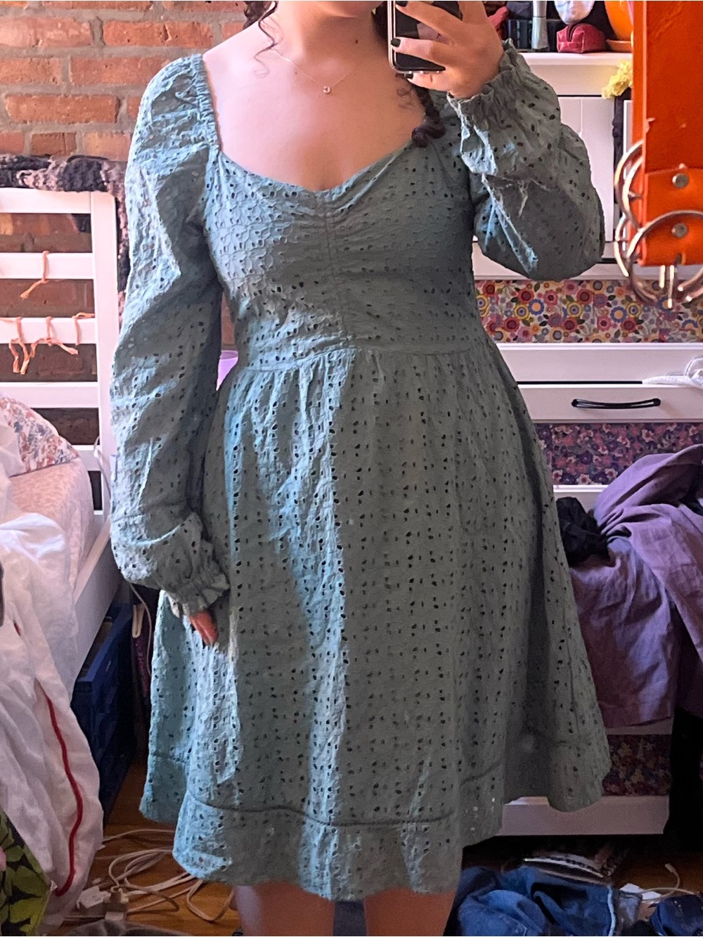Chelsea28 Sage Green Eyelet Long-Sleeve Dress, Medium